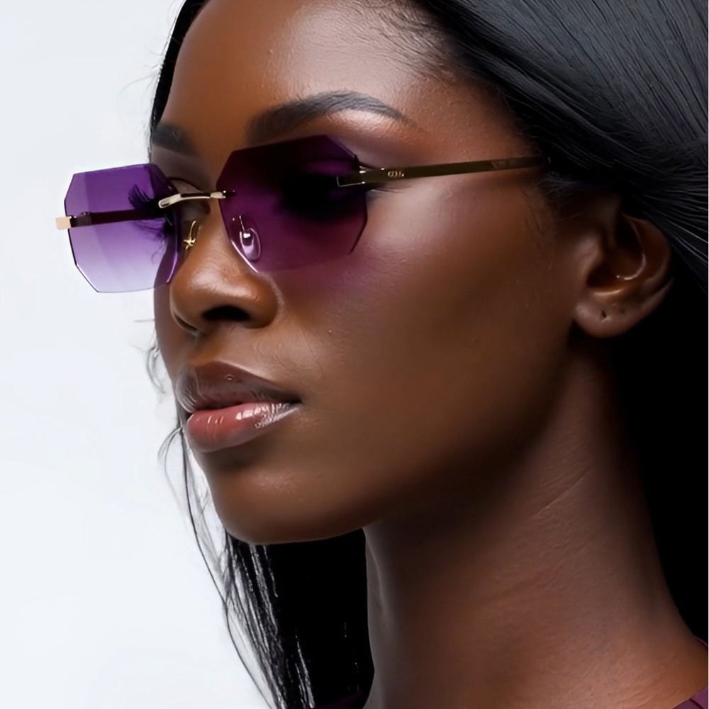 Rimless Sunglasses Gradient‎ Black Lens Gold Frame Fashion Trendy Women Lentes
